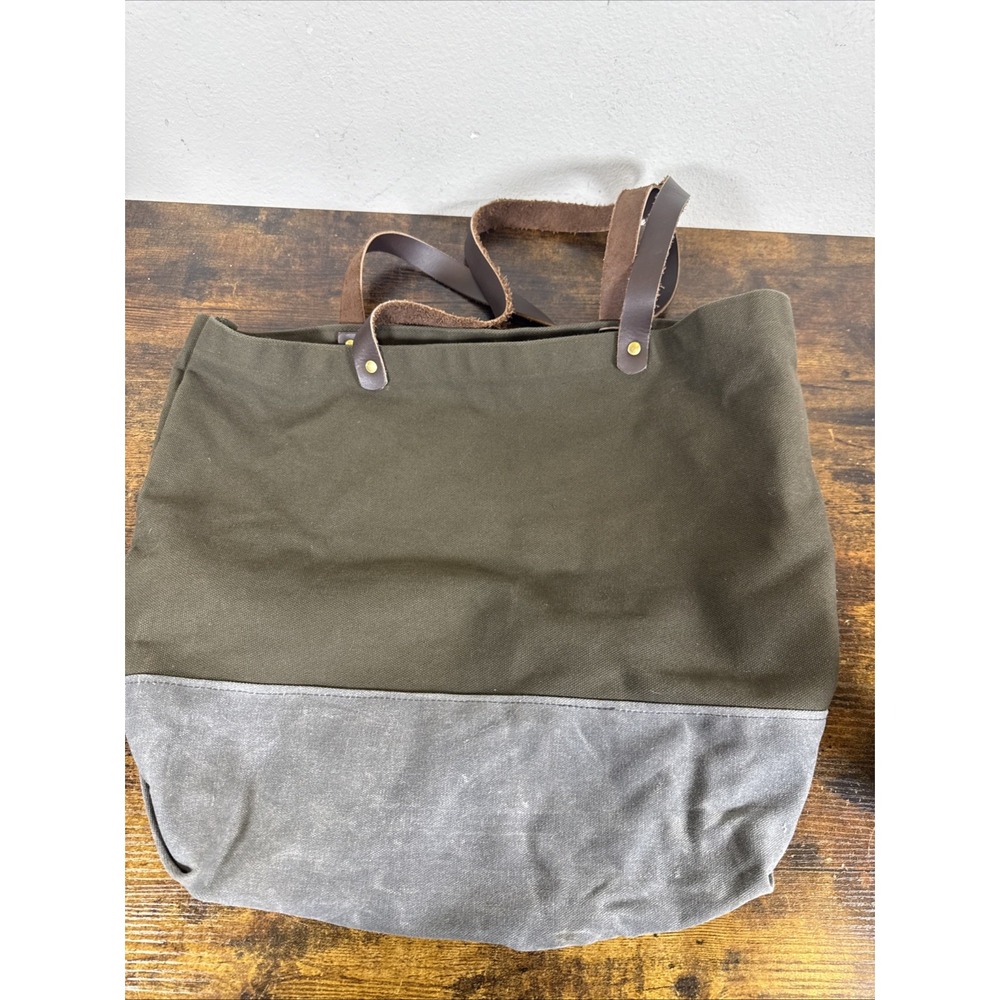 Line of Trade Heavy Canvas Tote Green Gray Brown Faux Leather Handles 15x12x5